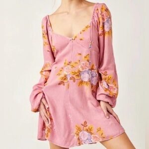 FREE PEOPLE Francesca Floral Pink/Rose mini Dress with Balloon Sleeves
